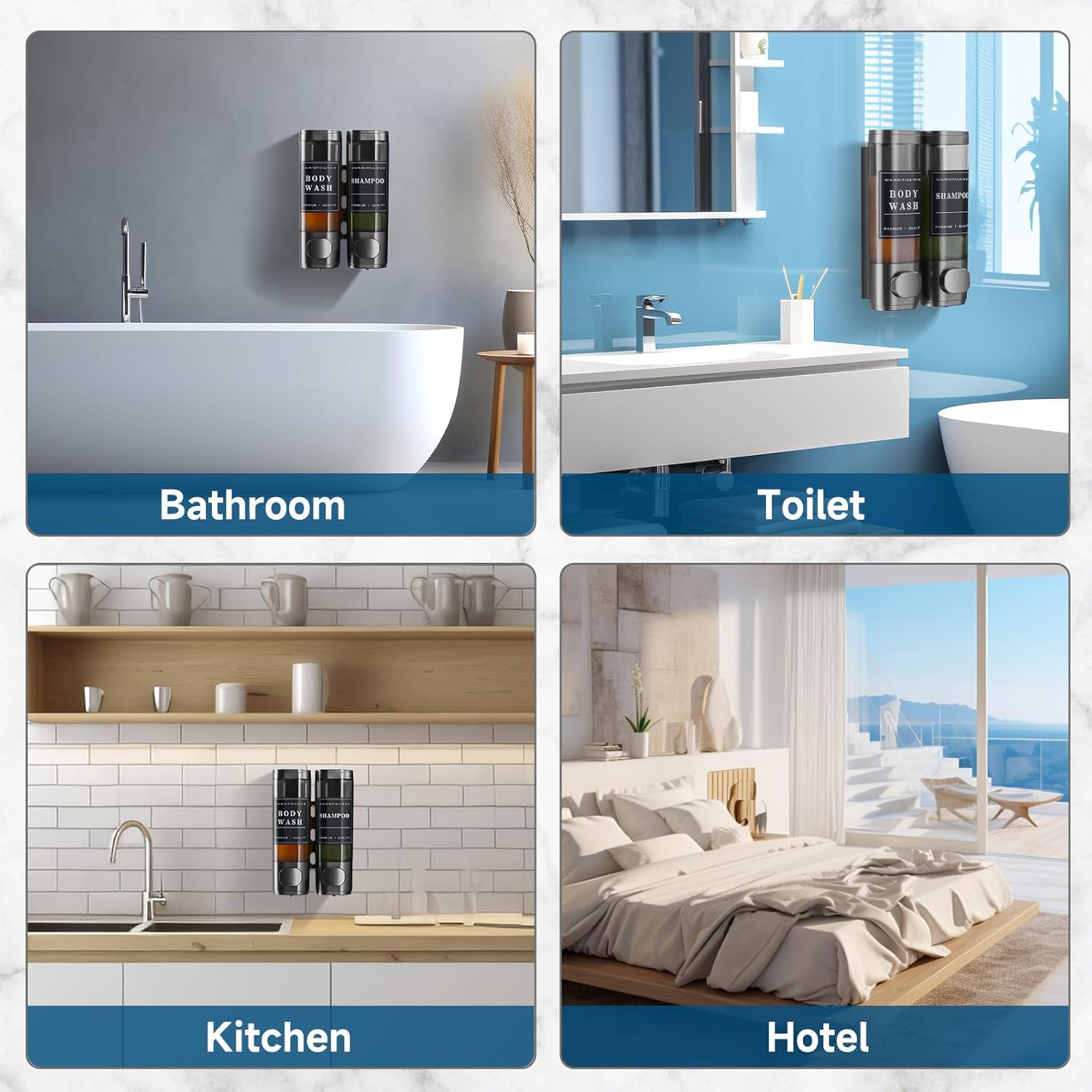 2-Chamber Wall-Mounted Shower Soap Dispenser for Shampoo and Conditioner - No Drill, Large Capacity Bathroom Dispenser for Hotel - Gun Gray