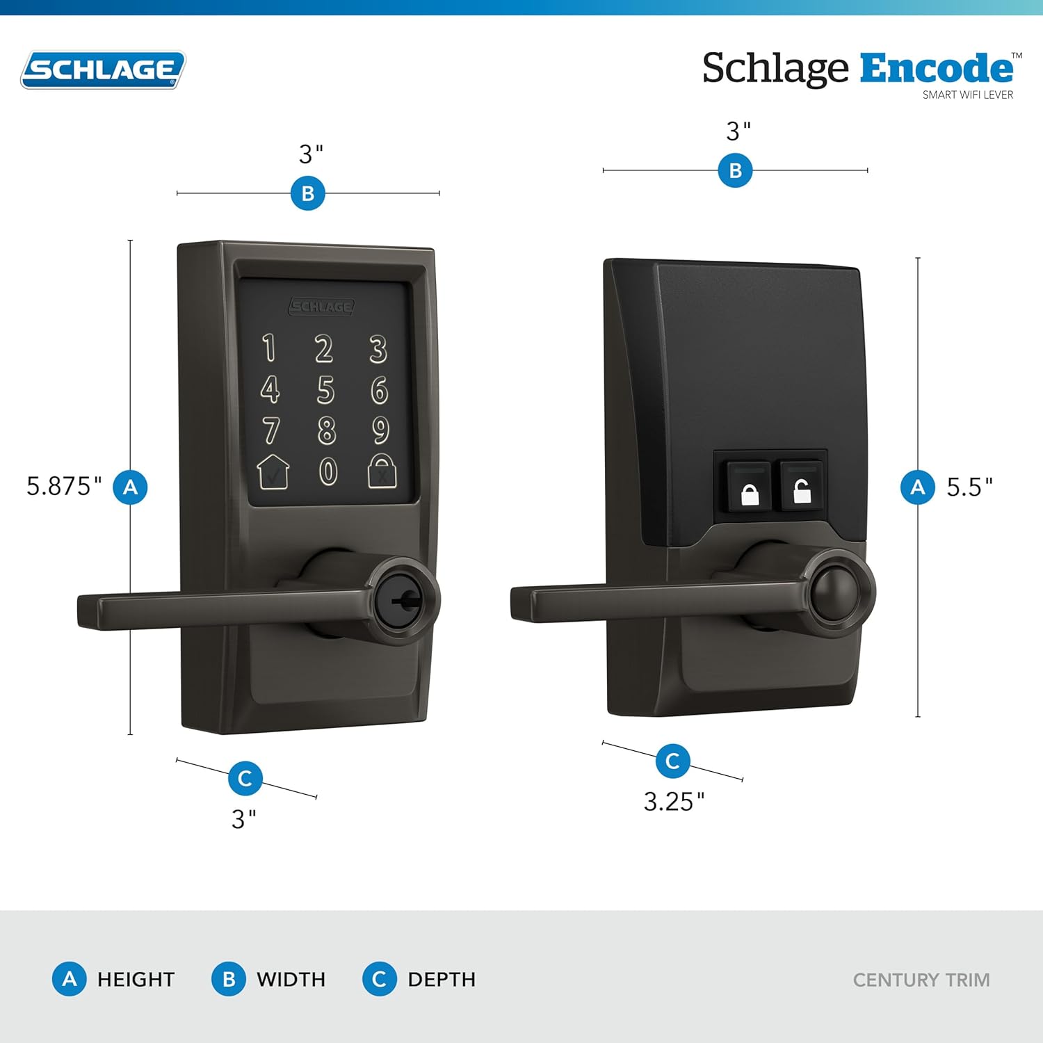 Schlage FE789WBCEN530LAT Encode Century WiFi Latitude Lever Smart Keyless Entry Touchscreen Door Lock, Black Stainless