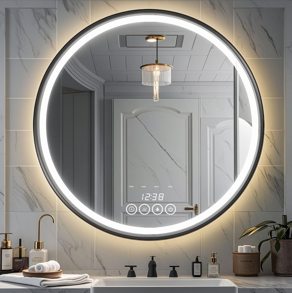 Wall-Mounted Round Bathroom Mirror with LED-Lights - 32 Inch Frame Vanity Mirrors(32" x 32", Black)