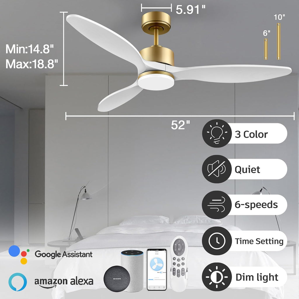cumilo 52" Wood Smart Ceiling Fans with Remote,Quiet DC Motor,Dimmable,Control with Alexa Google Voice App,Outdoor Indoor Modern Ceiling Fan for Bedroom Patio,Gold and White