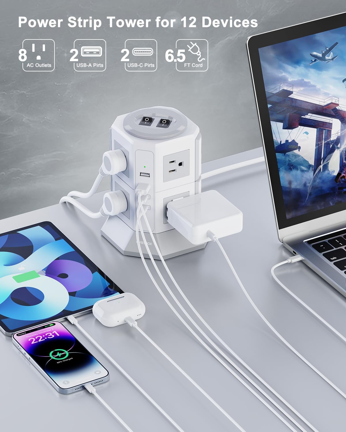Tower Surge Protector Power Strip Flat Plugs with 8 Outlets 4 USB Ports (2 Type C), 6.5 FT Flat Extension Cord with Multiple Outlets, Charging Station with Surge Protection for Home Office Dorm