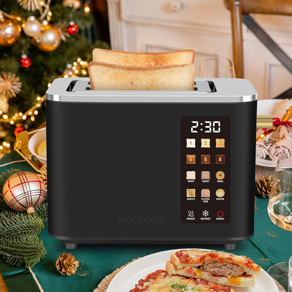 SEEDEEM Toaster 2 Slice, Touch Control Screen, Smart Stainless Toaster, 6 Shade Setting, 6 Bread Selection, Countdown, Removable Crumb Tray, 900W, Matte Black