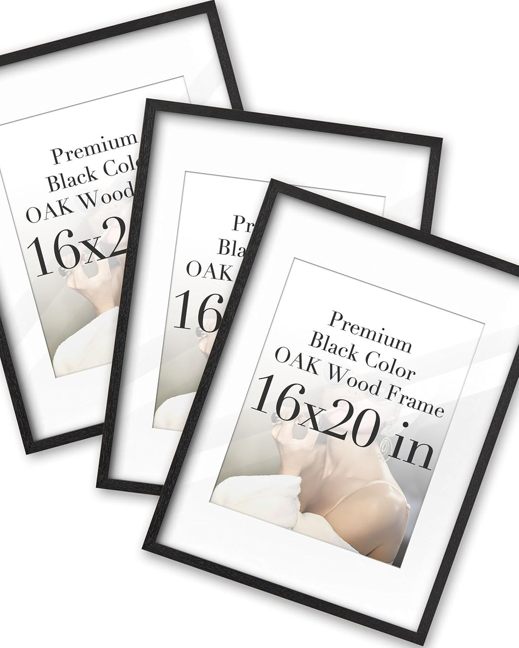iHery Standard 16x20in Premium Truly Natural OAK Wood Black Color Picture Frame with 2 Mats (11x14,16x20), Acrylic Glass Thickened Backboard, Minimalist Photo Frames Narrow Border Set of 3