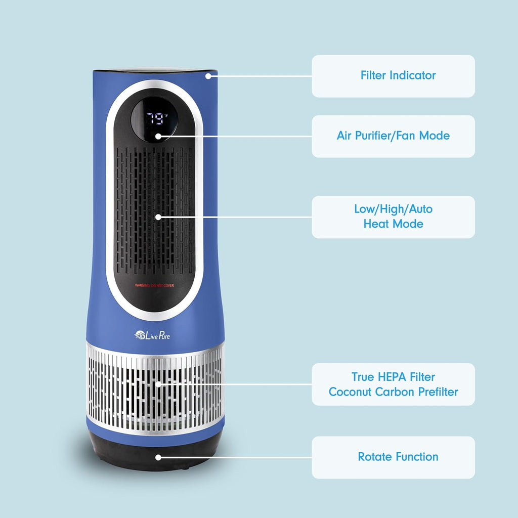 LivePure 3-in-1 LP520 Clean Heat Air Purifier & Electric Heater – 2 Heat Modes and Air Filtration – for Indoor Use in Bedrooms, Home Office & Apartments, Blue