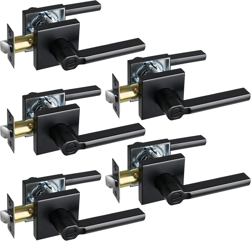 Privacy Door Lever, Heavy Duty Bathroom Bedroom Handle Lock, Keyless Interior Knobs, Matte Black, Reversible for Right&Left Handed, 5Packs