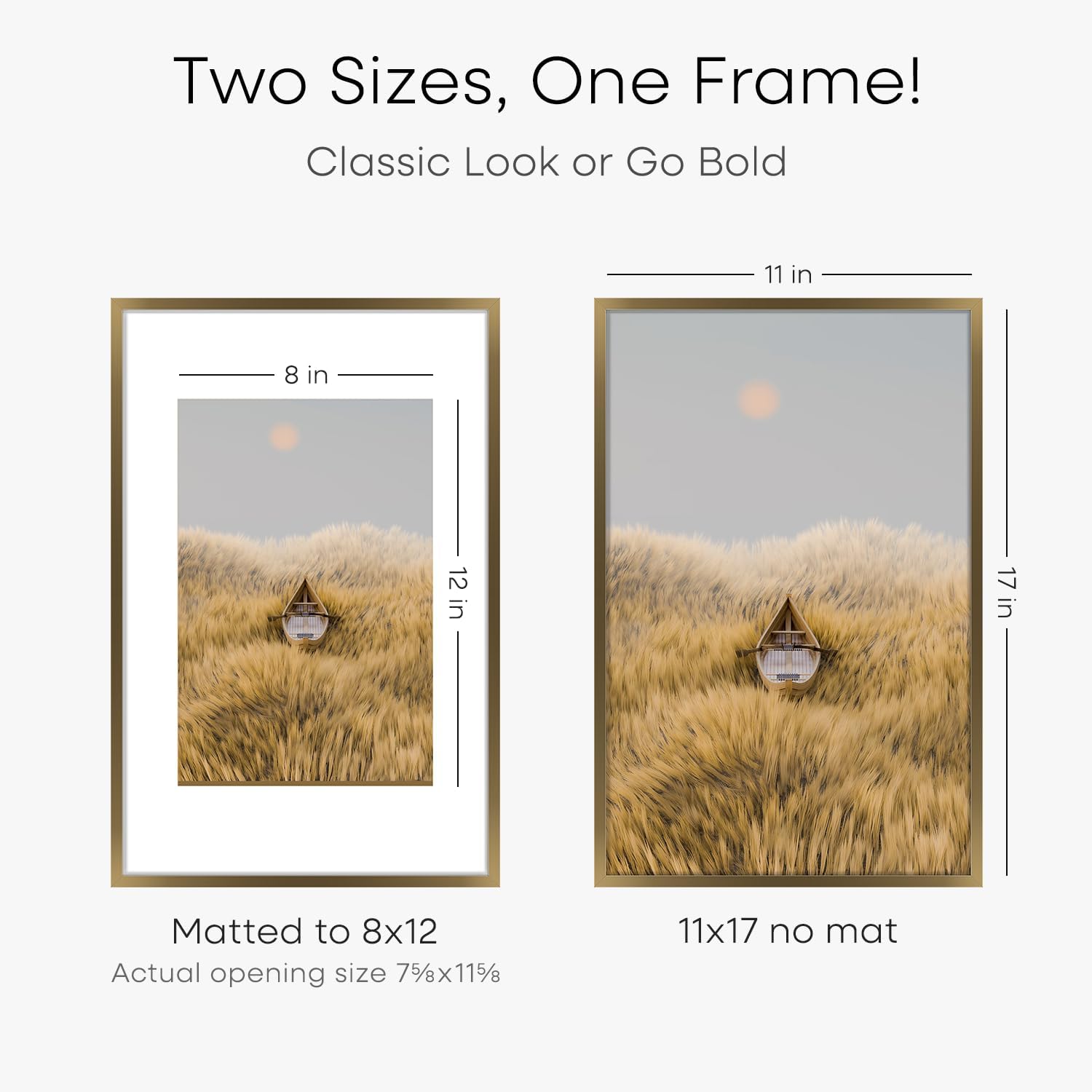 Homeforia 11x17 Bronze Picture Frame, High End Metal 11x17 Brass Poster Frames with Mat 8x12 for Photo, 11 x 17 Frame Matted to 8 by 12 inch Print, 17x11 Thin Frame, Tempered Glass, Wall Kit, Set of 1