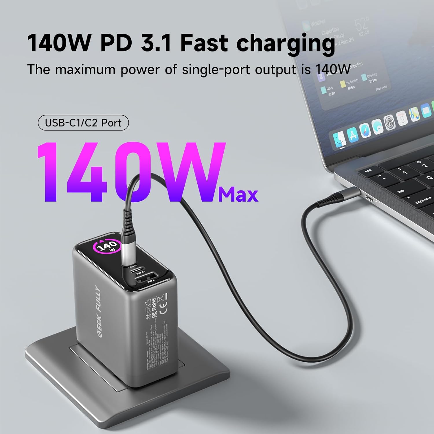 140W MAX USB C Charger | 3-Port Fast Charging Station (2xUSB-C PD3.1 + USB-A QC3.0) | Intuitive Touch Controls, for for MacBook, iPhone 17/16 Series, Samsung Galaxy, Pixel and More