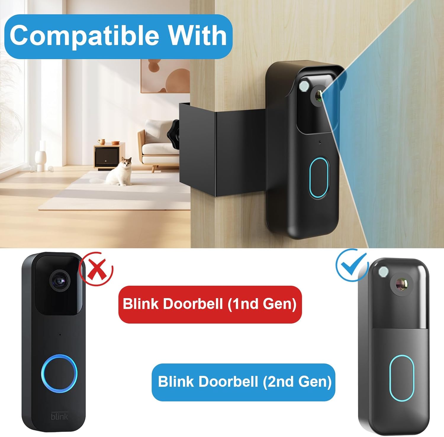 Anti-Theft Blink Doorbell Mount, Drill-Free Door Mount for Blink Video Doorbell (2nd Gen), Doorbell Bracket Holder with Rain Cover Not Block Doorbell Sensor Easy to Install for Business, Dorm, Rentals