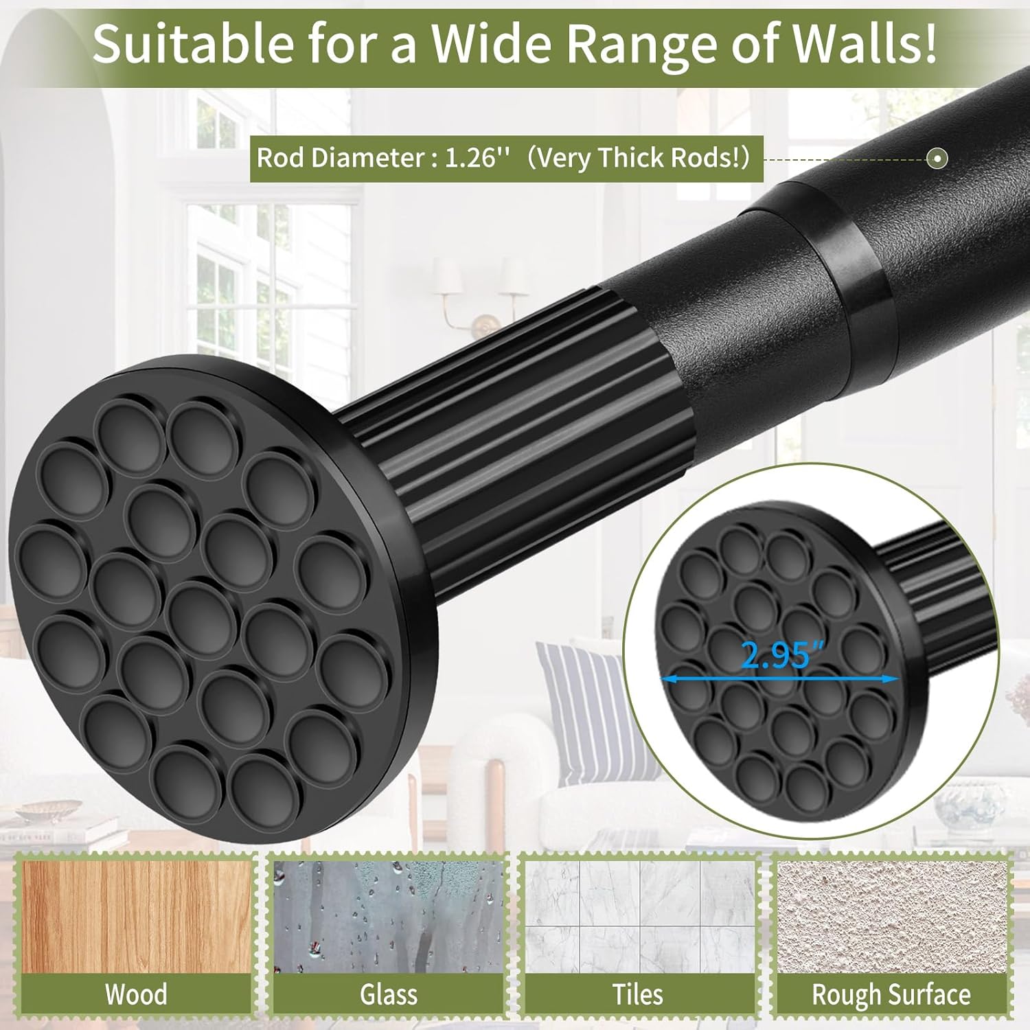 Tension Curtain Rod 51-145In(4.25-12.08Ft), Extra Long Curtain Rod No Drilling for Window or Bathroom Patio, Adjustable Spring Shower Curtain Rod, Easy to Install Never Rust Rod Diameter 1.26In-Black