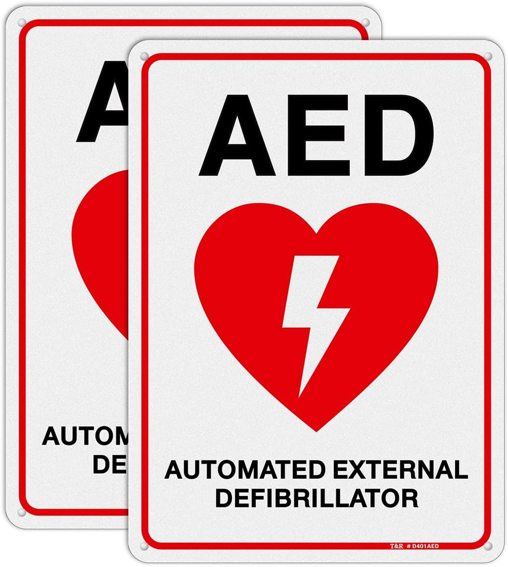 T&R AED Sign - 2 Pack - 10 x 7 Inches Rust Free .040 Aluminum -Reflective, UV Protected, Waterproof, Weatherproof and Fade Resistant - 4 Pre-drilled Holes