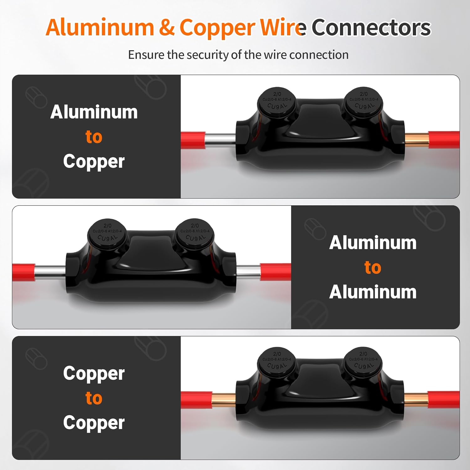 Joinfworld Insulated Inline Splice Connector 2/0-6 Gauge Aluminum to Copper Wire Connectors 6 AWG Splice Aluminum Wire Connectors UL Listed with Slotted Allen Hex - 6 Pack