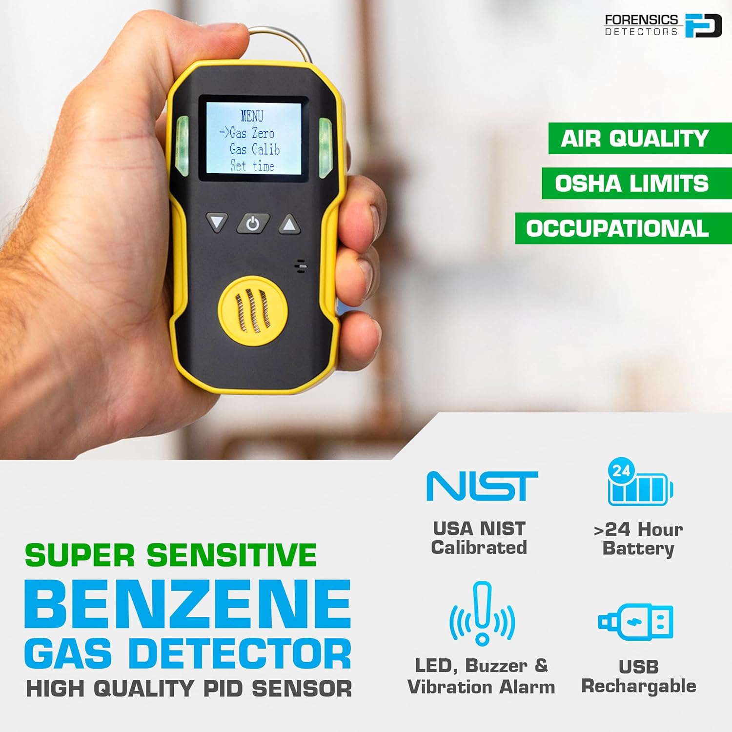 Benzene Detector (C6H6) by Forensics | USA NIST Calibration & Certificate | Dust & Explosion Proof | USB Recharge | Sound, Light and Vibration Alarms | 0-20 ppm |