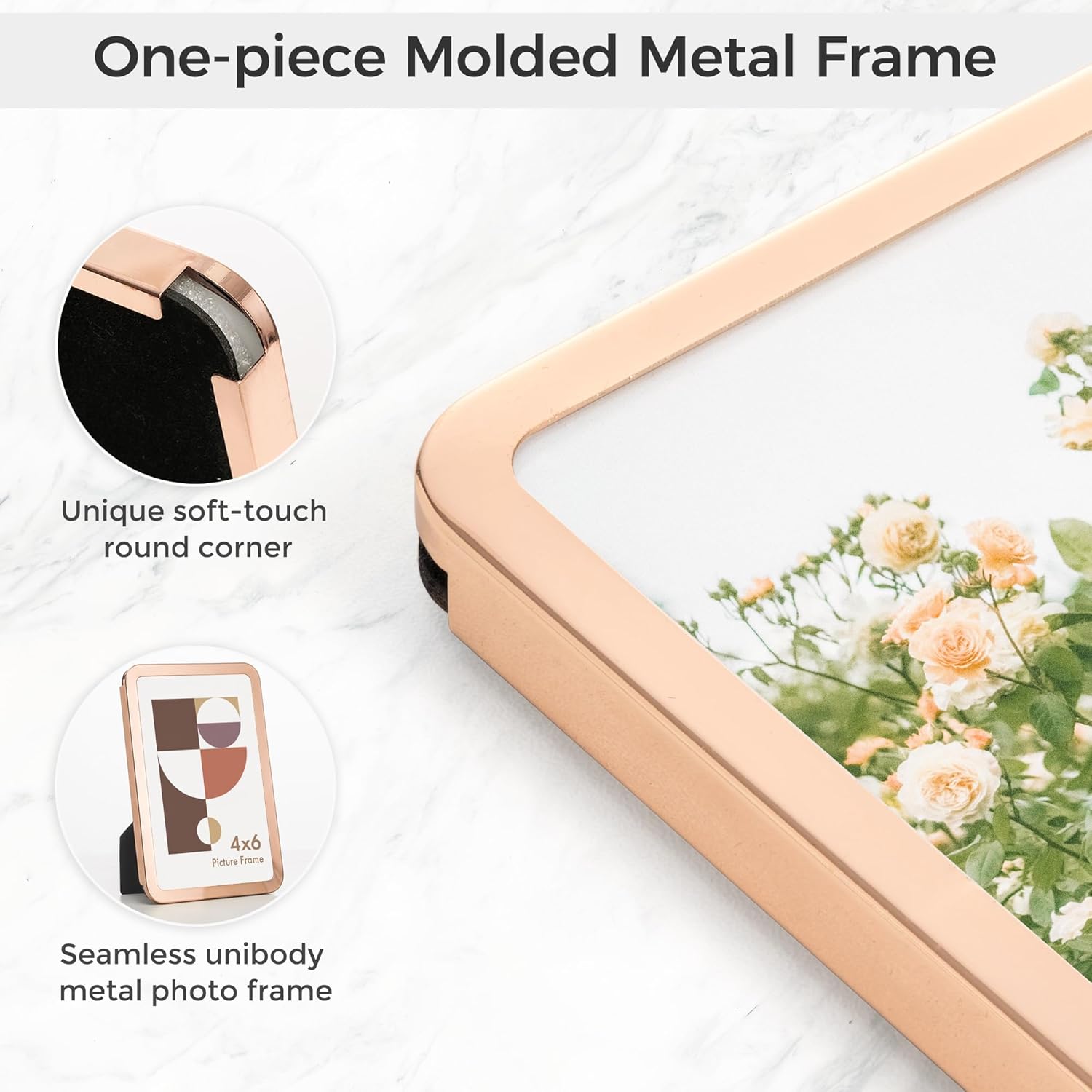 Axeman 4x6 Picture Frame-Metal Rounded Corner Frame 4x6, 4''x6''Photo Frame with Tempered Glass,Tabletop and Wall Display, One-Piece 4 By 6 Metal Picture Frame for images, Rose Gold