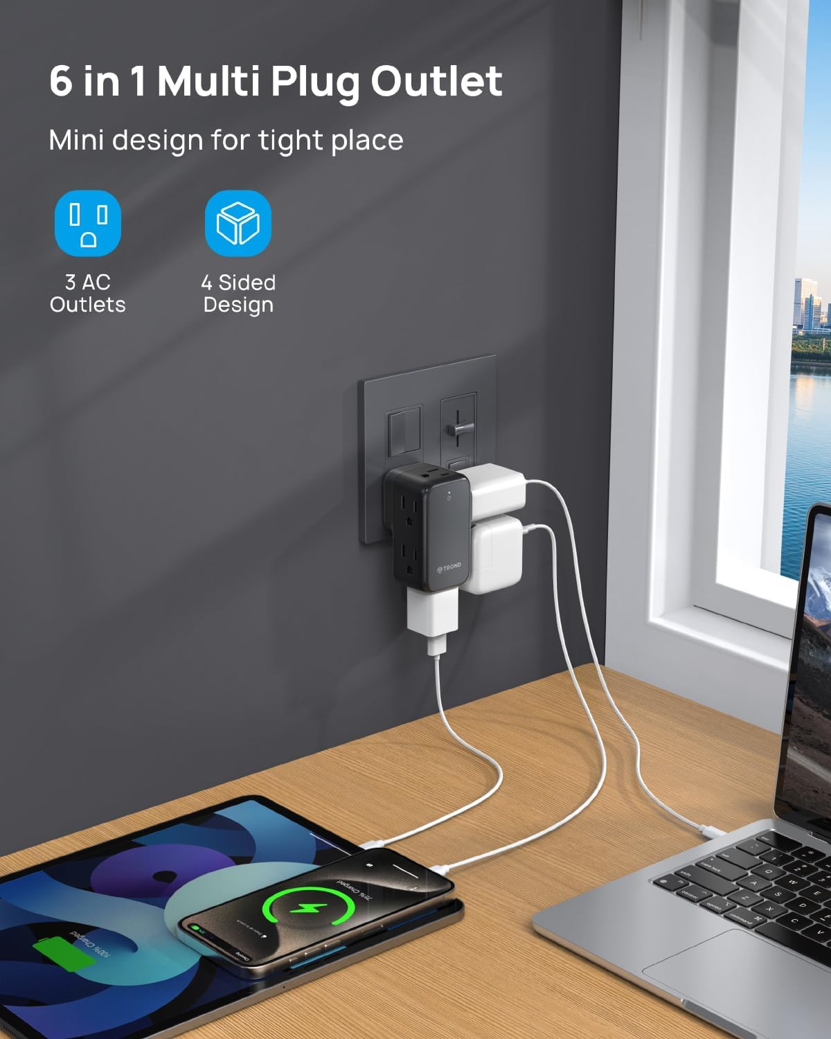 TROND Outlet Adapter with 360 Rotating Plug, 6 AC Outlet Extender, Turn One into Multiple Sideways Plug Splitter, Black Wall Power Adapter Goes Well with Dark Wall Decor, Suit for Garage Room