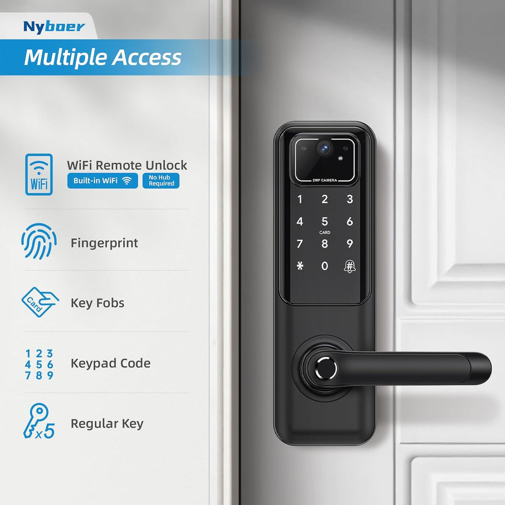 WiFi Video Smart Door Lock with Camera & Doorbell, Keyless Entry Fingerprint Lock with Handle for Front Door, Nyboer Keypad Electronic Digital with Rechargeable Lithium Battery, Easy Installation