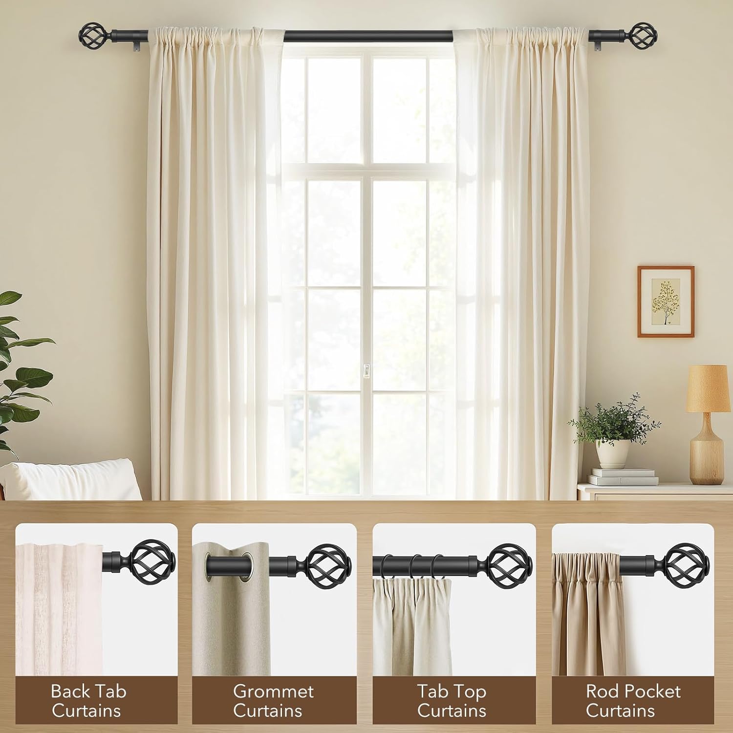 Curtain Rods for Windows 48 to 84, 1 Inch Adjustable Decorative Black Curtain Rod with Twisted Cage End, Modern Heavy Duty Drapery Rods for Bedroom, Telescoping Splicing Structure, Size 32"-90"