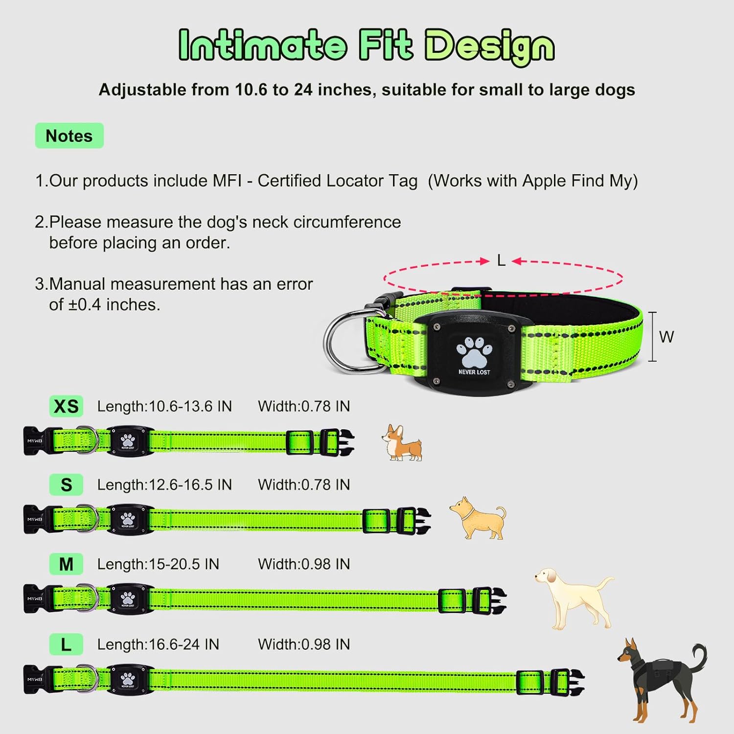 GPS Dog Collar Tracker 2-in-1,Reflective Waterproof Pet Collar,iOS-Only,No Monthly Fees,Unlimited Range,Ideal for Dog Tracking pet Tracker,for Small Medium Large Dogs(XS (10.6"-13.6"), Green)