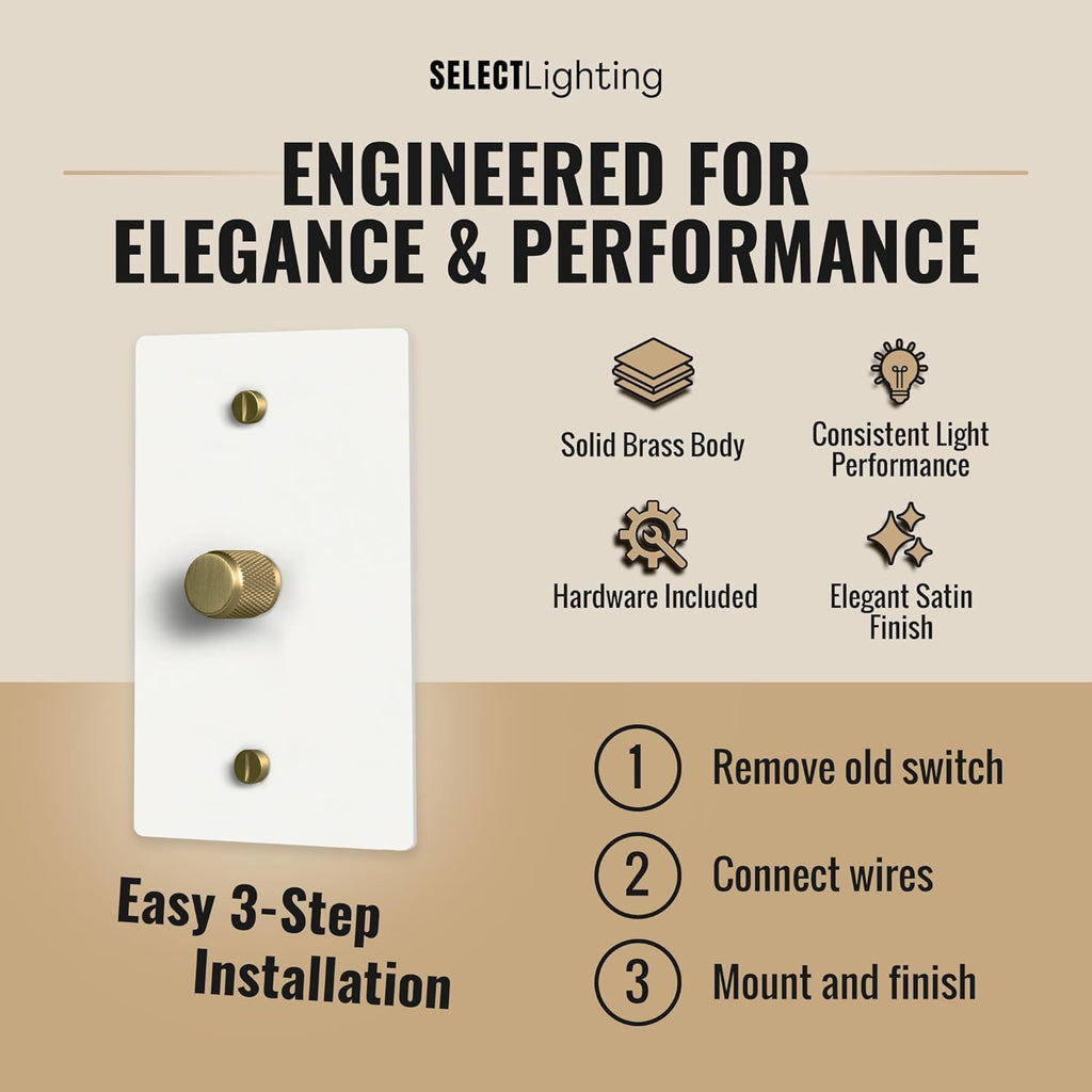 SELECT White Brass Dimmer Light Switch, 1 Way Rotary Dimmer, 1 Gang TRIAC/Leading Edge Dimmable LED Light Switch, 15A 120V AC with Brass Knob, Faceplate & Dimming Module, UL Listed