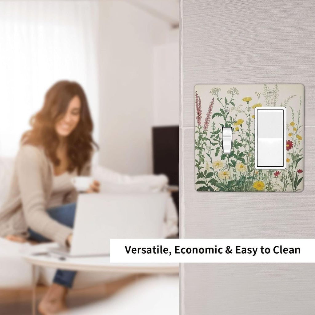 Rustic Wildflower Green Plants Daisy Floral Outlet Covers 1 Toggle 1 Rocker Combination Decorative Wall Plate Electrical Switch Plates Light Switch Cover Plate For Farmhouse Bed Room Decor