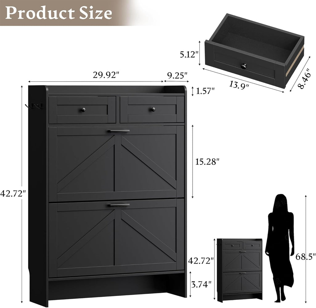Shoe Storage Cabinet for Entryway, Farmhouse Narrow Shoe Cabinet with 2 Flip Drawers & Top Drawers, Adjustable Shelves & Hooks, Freestanding Hidden Rack Organizer for Hallway, Foyer