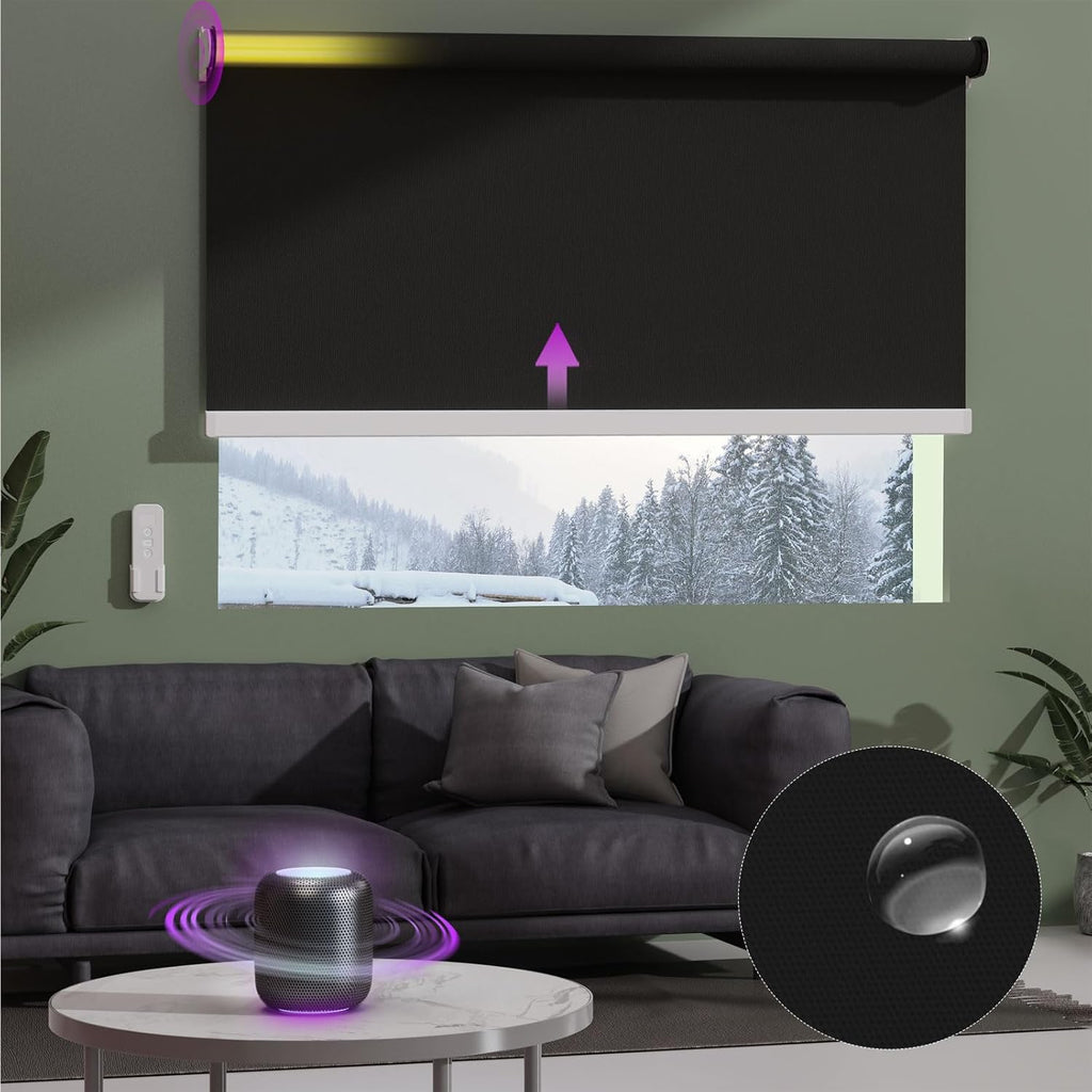 Astomi Motorized Roller Shades for Windows, Blackout Smart Blinds for Indoor, Effortless Remote & Voice Control, Compatible with Alexa, Google Home, Custom Size，Vinyl-Pure Black