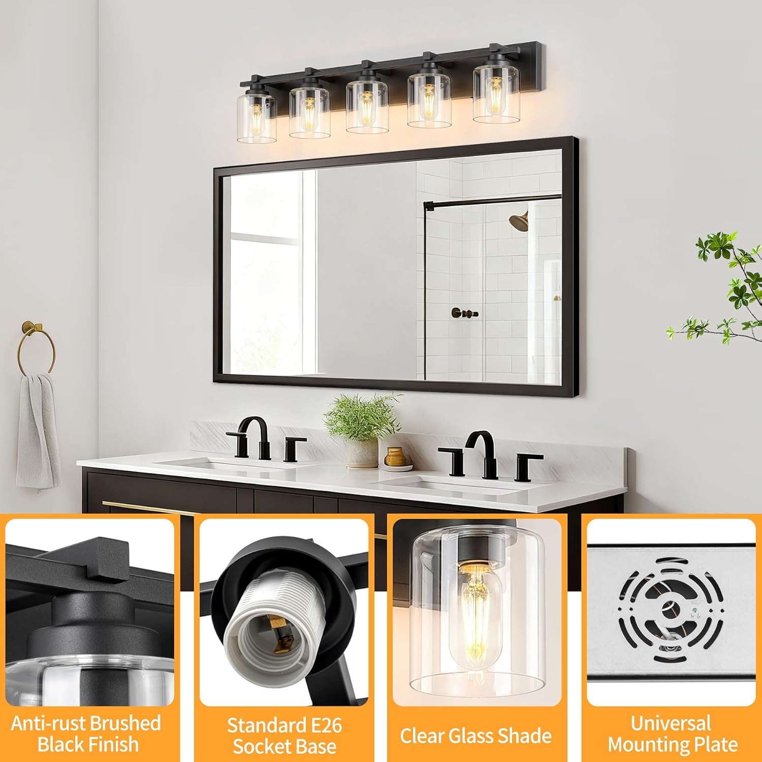 5 Light Modern Bathroom Light Fixtures Over Mirror, Black Vanity Lights for Bathroom Wall Sconces with Clear Glass Shades, E26 Socket (Bulbs Not Included)