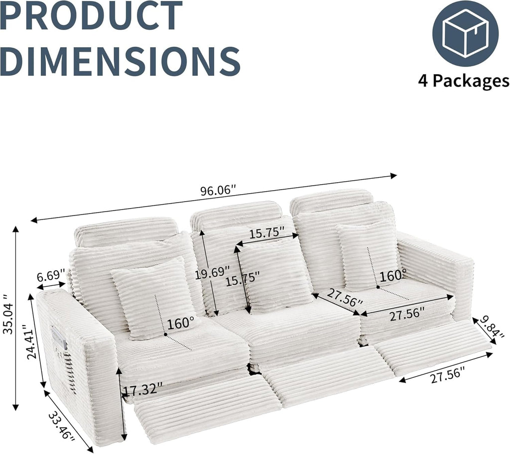 LEVNARY 3-Seater Modular Reclining Sofa, Faux Rabbit Fur Power Recliner Couch with 3 Electric Seats, 3 Pillows & Side Pockets, Adjustable Back & Footrest, Living Room Furniture (White)