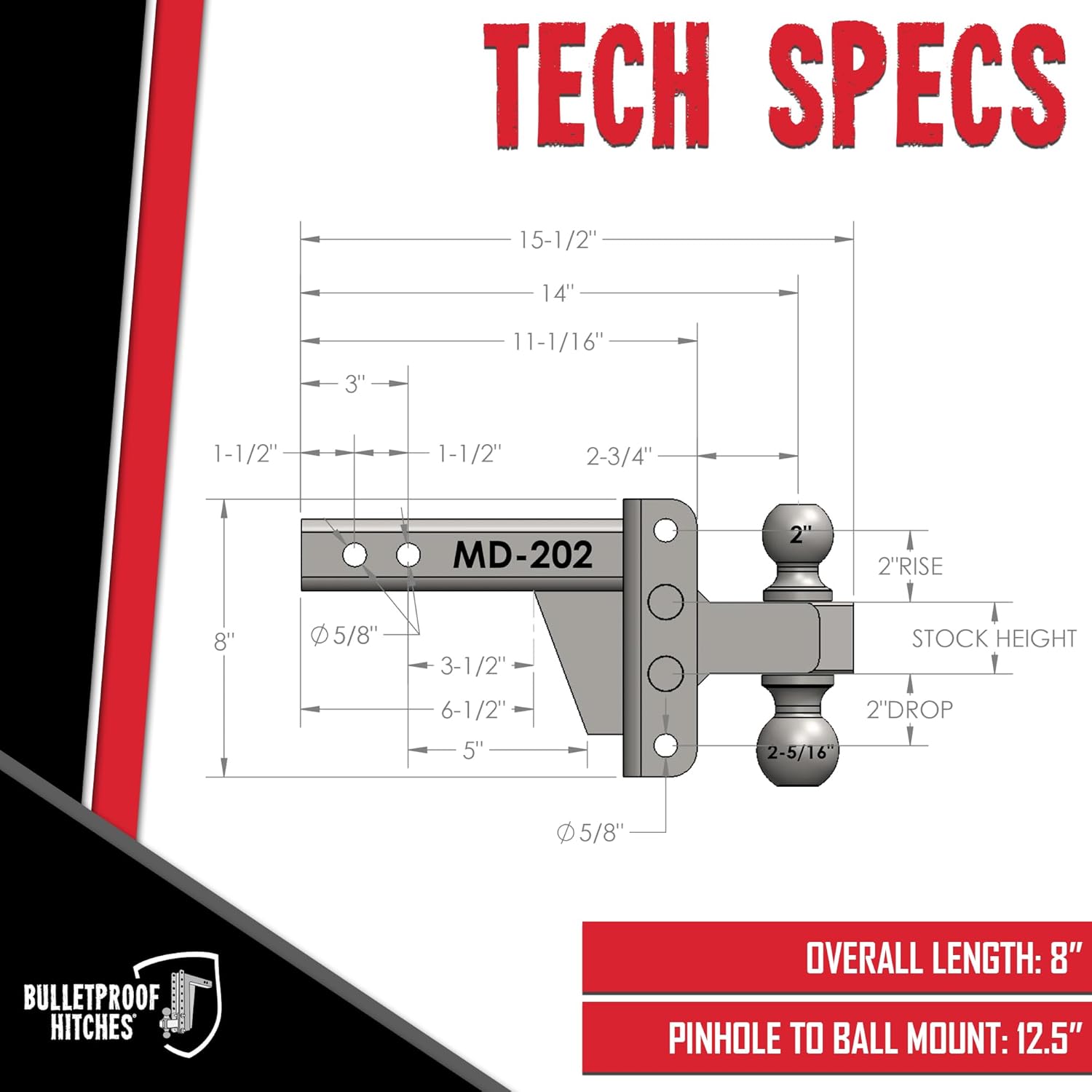 BulletProof Hitches - 2.0" Adjustable Medium Duty Trailer Hitch (14,000 lb. Rating) - 2" Drop/Rise Trailer Hitch with 2" & 2-5/16" Dual Ball - Powder Coat, Box Steel, Corrosion-Resistant