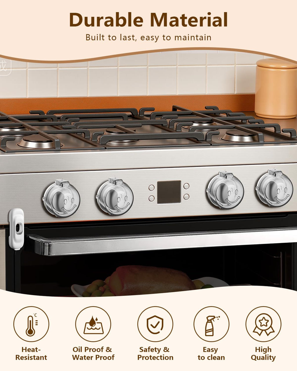 Stove Knob Covers - 5+1 Pack Heat Resistant Gas Stove Knob Covers with Child Proof Lock & Strong Adhesive, Oil-Proof Oven Knob Covers with Clear Transparent Design, White