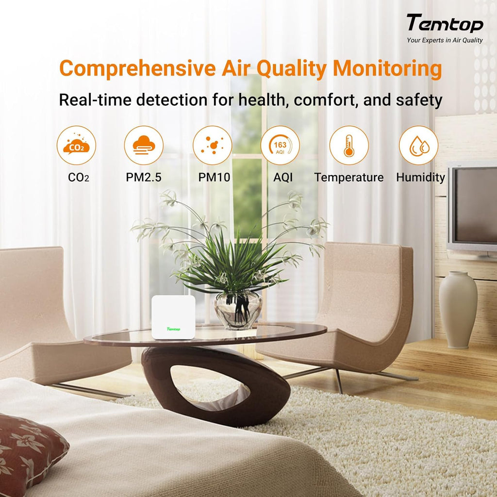 Temtop P2 Air Quality Monitor - CO2, PM2.5, PM10 Detector with Real-Time AQI, Temperature & Humidity Sensor, Bluetooth App for Home, Office, Car & Travel Use