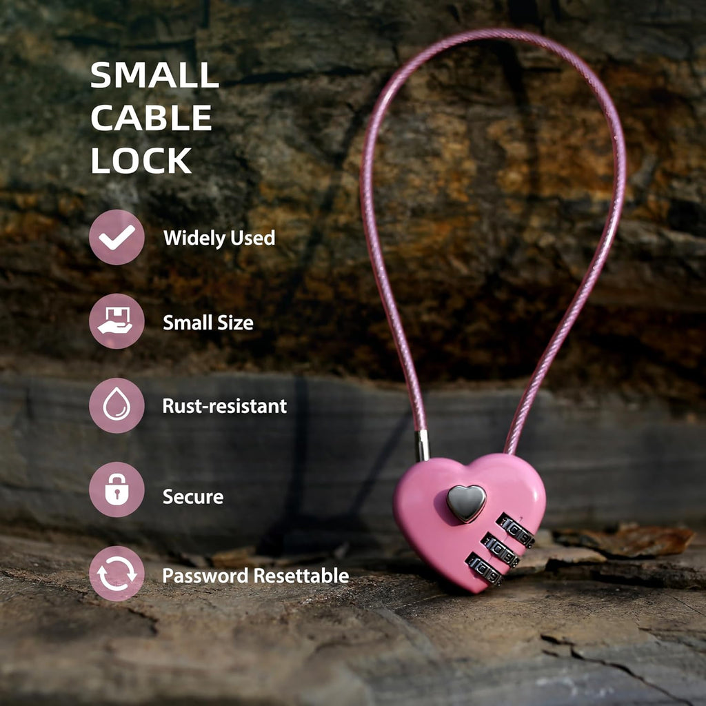 Small Cable Lock with Combination, Combo Lock with Code, Pink Cable Padlock for Luggage, Cabinet, Closet, French Fridge Door, Stroller, Bike Helmet, Pet Cage, Pool Gate, Outdoor Fence