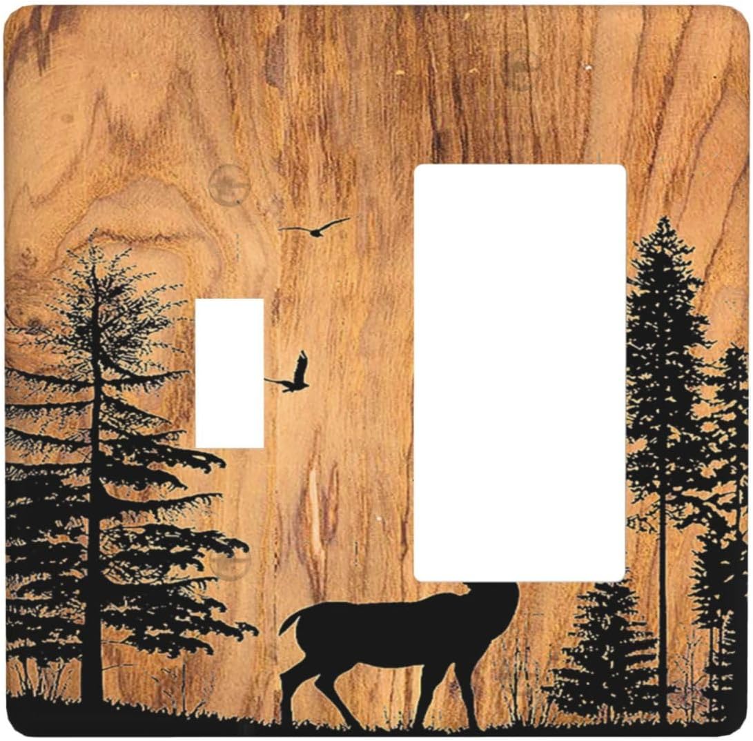 Outlet Covers Rustic Farmhouse Orange Brown Pine Tree Deer Wood Grain 1 Toggle 1 Rocker Combination Decorative Wall Plate Electrical Switch Plates Light Switch Cover Plate for Bedroom