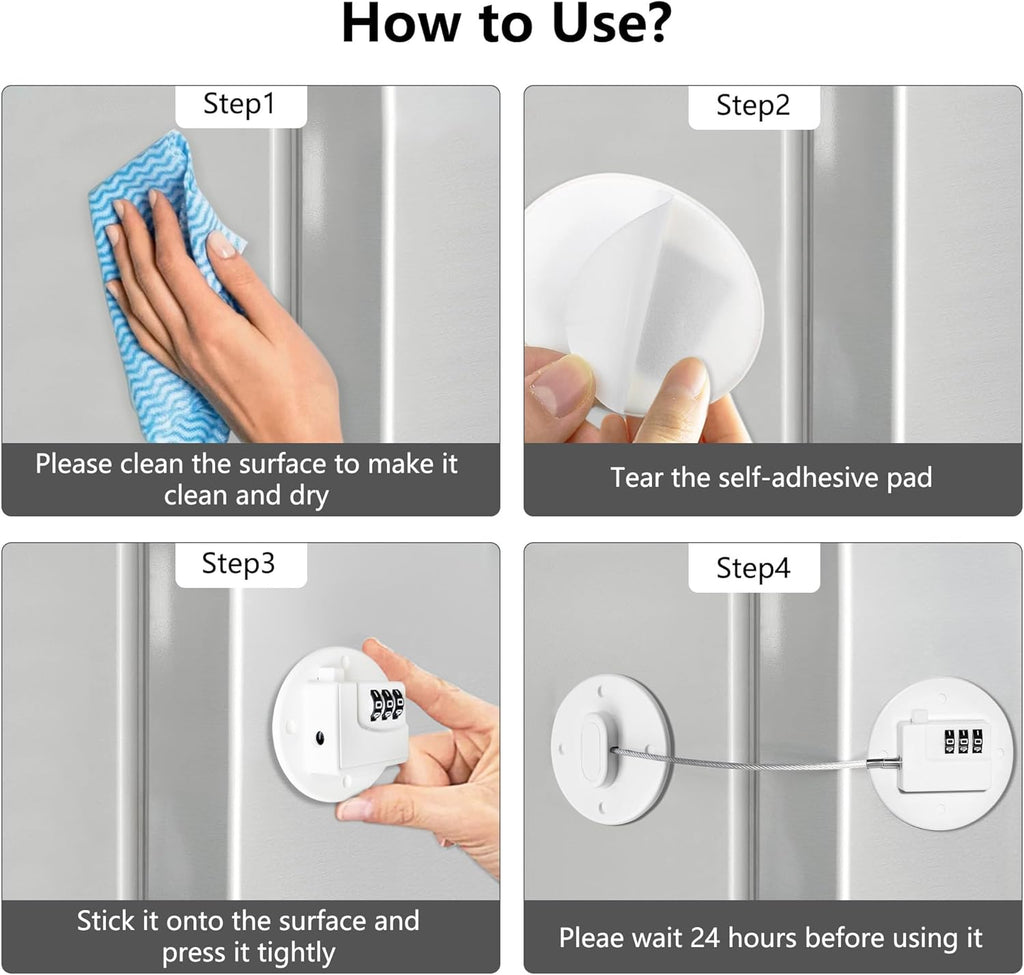 Fridge Lock Refrigerator Lock- Child Safety Cabinet Locks for Refrigerator, Freezer, Drawers & Cabinets - No Key Combination Lock, Adjustable & Reusable for Kids, Adults, Pets (White 2Pack)