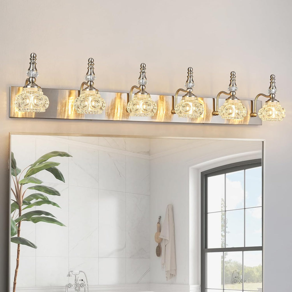 Modern Glass Crystal Vanity Light - Vintage Bathroom Lighting Fixtures Over Mirror, 6 Light Vanity Lights G9 Bulb (43.3 Inch, Nickel)