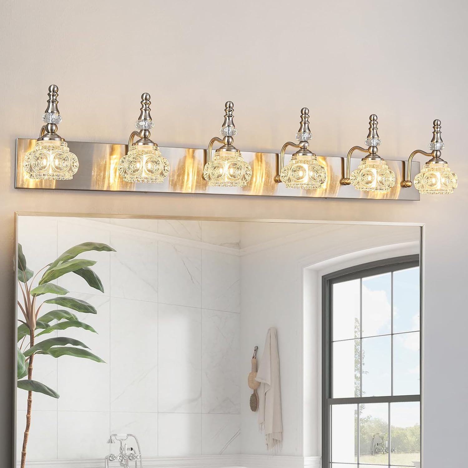 Modern Glass Crystal Vanity Light - Vintage Bathroom Lighting Fixtures Over Mirror, 6 Light Vanity Lights G9 Bulb (43.3 Inch, Nickel)
