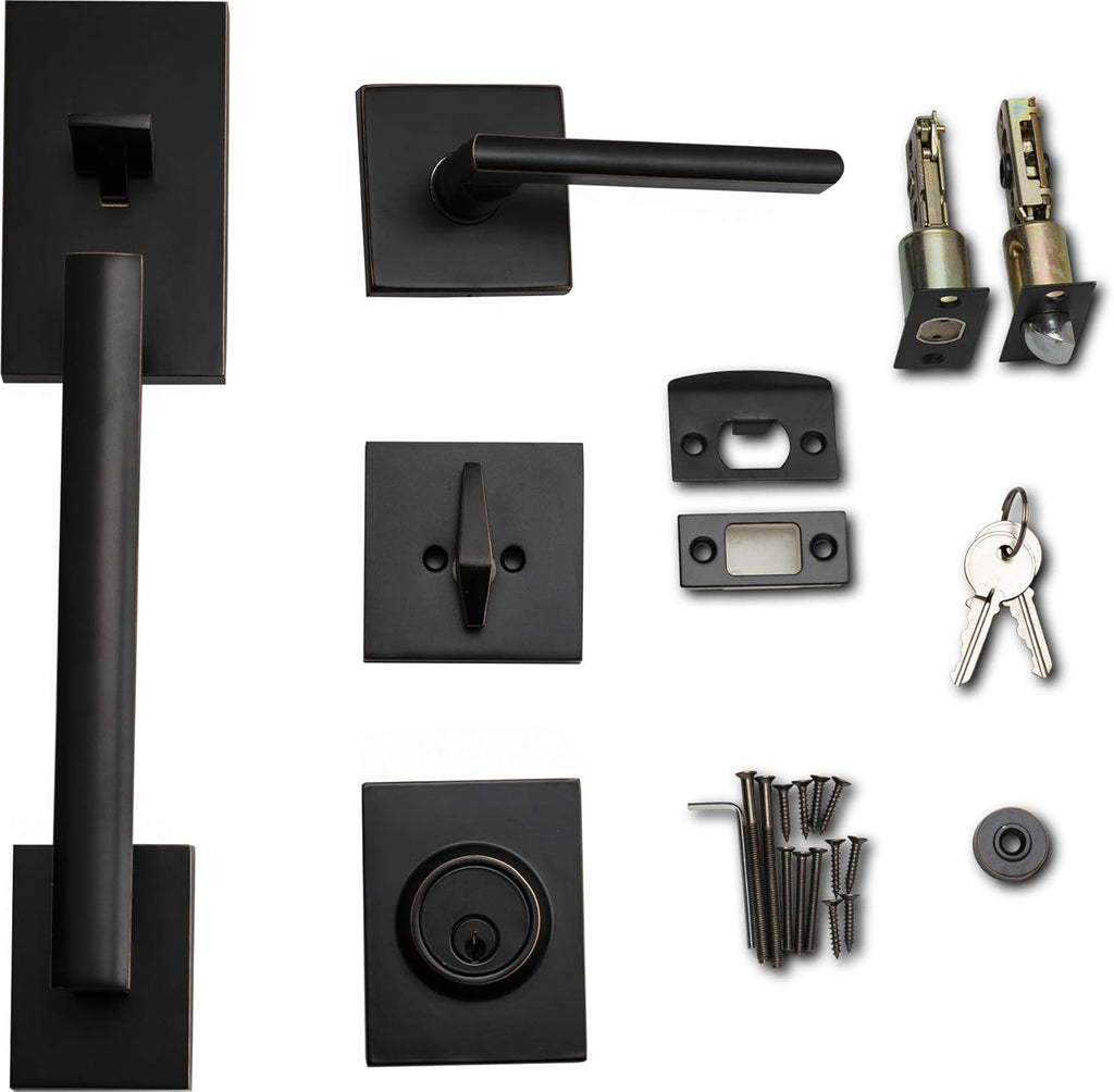 Berlin Modisch HandleSet Front Door Entry Handle and Deadbolt Lock Set Slim Square Single Cylinder Deadbolt and Lever Reversible for Right & Left Sided Doors Heavy Duty – Oil Rubbed Bronze
