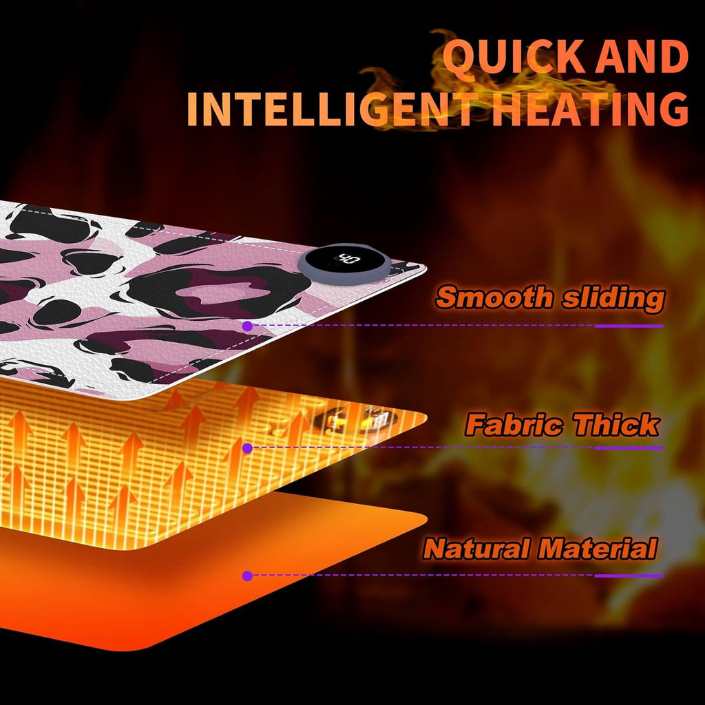 Heated Mouse Pad, Warm Desk Pad, Keyboard Mat 23.6 x 14 Inch Large Size Intelligent Fast Heating, 3 Speed Adjustable, Timed Auto Power Off for Game Office Home, Pink Leopard Print