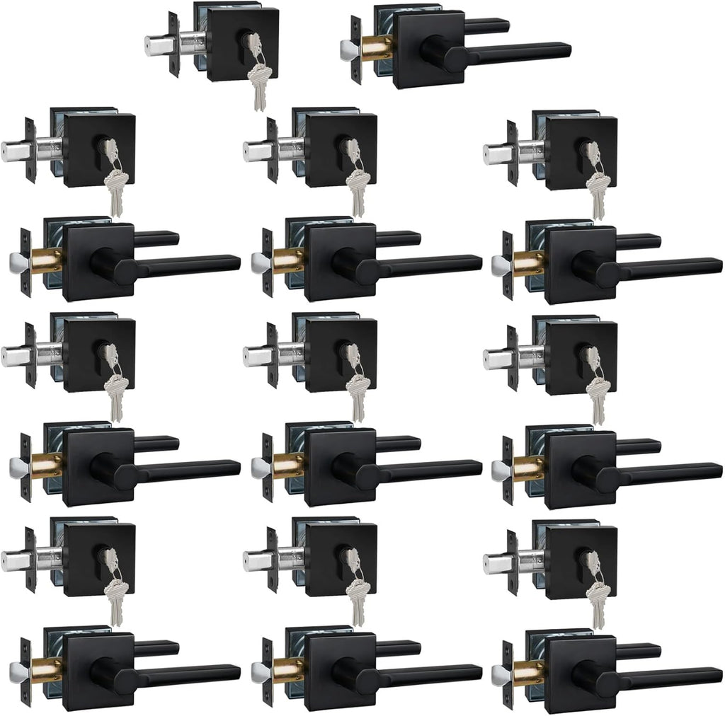 10 Sets Passage Door Lever and Single Cylinder Deadbolt Lock Set, Heavy Duty Square Handle for Entrance and Front Door, Matte Black, Different Keys