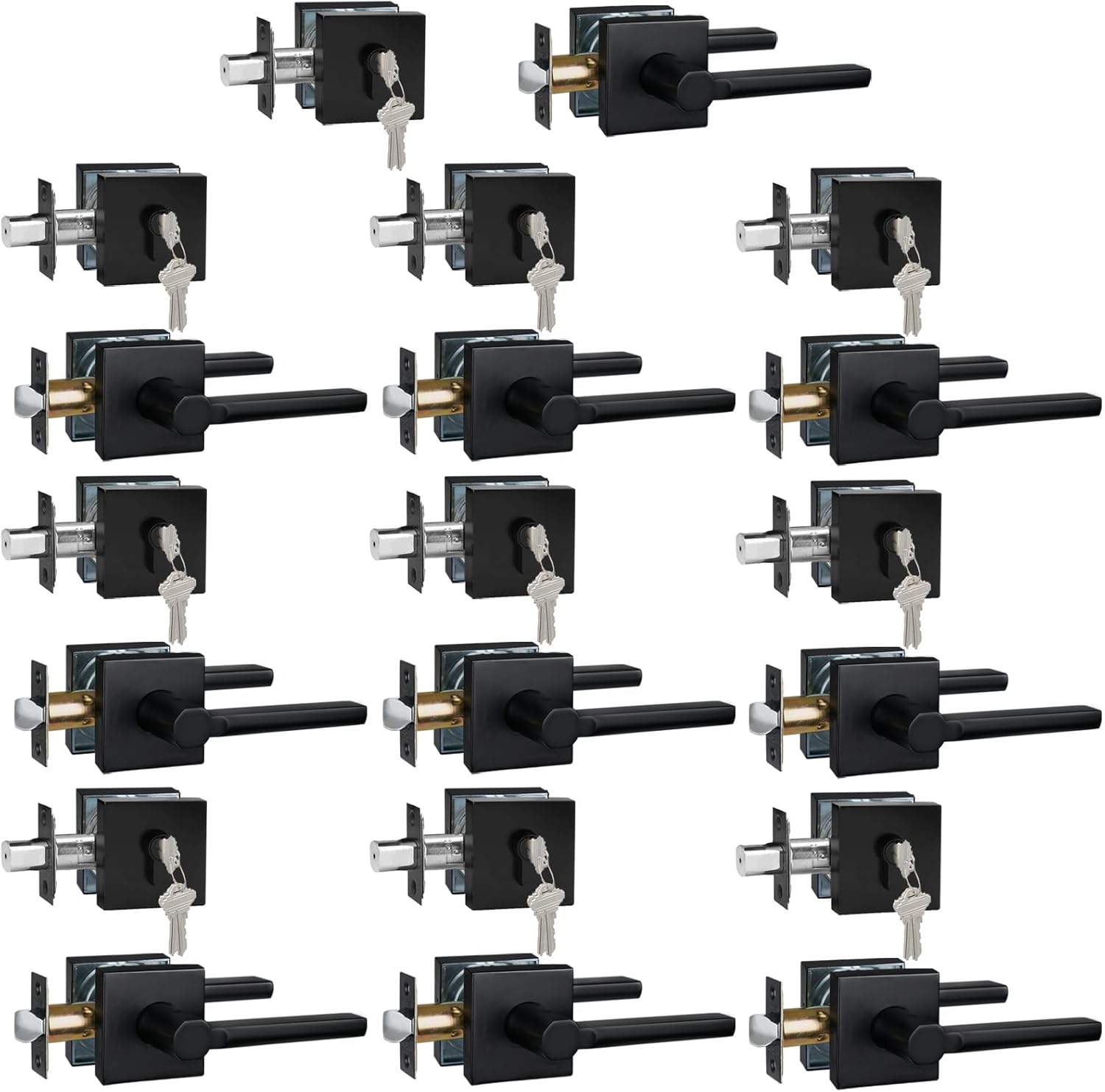 10 Sets Passage Door Lever and Single Cylinder Deadbolt Lock Set, Heavy Duty Square Handle for Entrance and Front Door, Matte Black, Different Keys