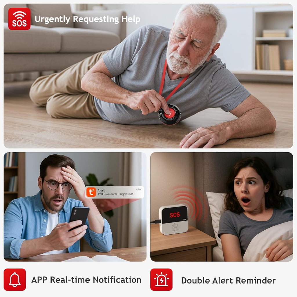 WiFi Smart Wireless Caregiver Pager Call Button Emergency Alert System Life Alert Button for Elderly Patient Seniors Disabled 1 SOS Panic Button 1 Receiver(Only Supports 2.4GHz & No Monthly Fee)