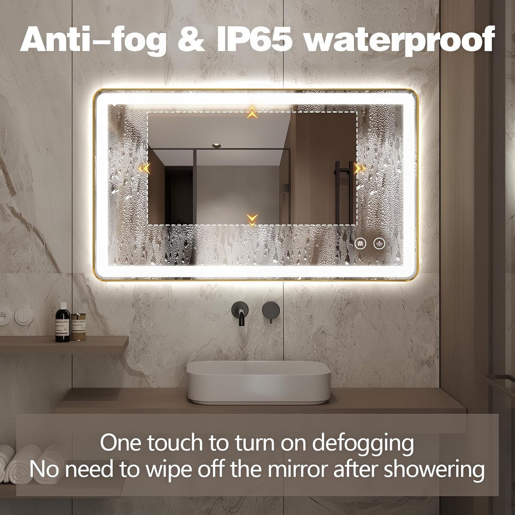 Niccy LED Bathroom Mirror, 40"x24" Rectangle Wall Mounted Vanity Mirrors with Metal Frame, Anti Fog Dimmable Smart Mirror for Bathroom/Bedroom/Livingroom/Entryway, (Horizontal or Vertical),Gold