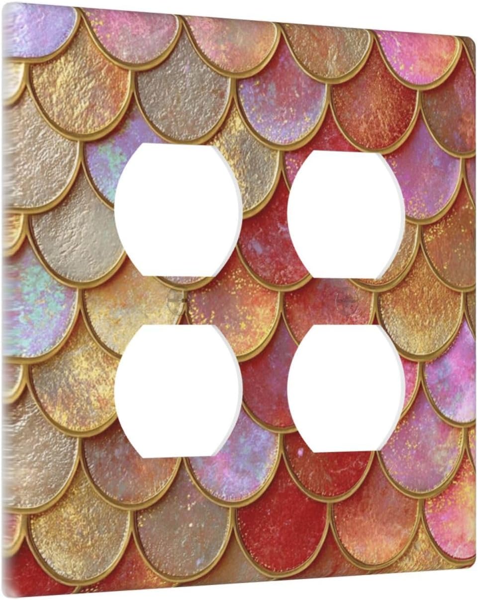 Mermaid Glitter Scale Rainbow Gold Fish Scales Outlet Covers 2 Gang Double Duplex Decorative Light Switch Covers Electrical Wallplates Socket Faceplate for Bed Room Home Decor