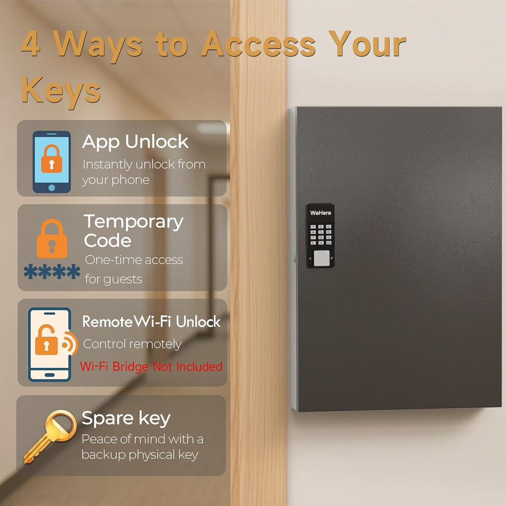 192 Key Cabinet Organizer,Metal Key Lock Box Wall Mount use OTP Technology Unlock,Fixed Password/Bluetooth/OTP Share Half-Remote Unlock,Security Lockbox for Key Management Hook & Storage