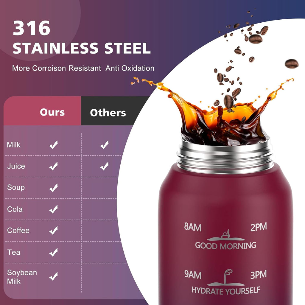Insulated Water Bottle 32oz with 2Lids(Straw Lid & Spout Lid), 1L Double Walled Water Bottle with Time Marker, 1000ml Stainless Steel Metal Flask for Fitness, Gym and Outdoor RED BLACK