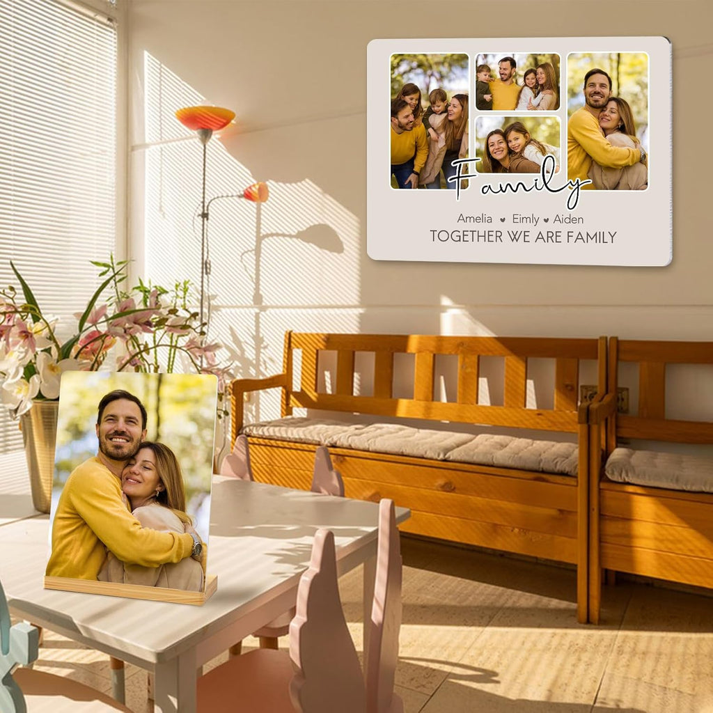 Custom Photo Prints - Metal Desktop Picture Frame with Photos & Name & Wooden Base Personalized Gifts for Family Friends and Lovers, Optional Multiple Sizes
