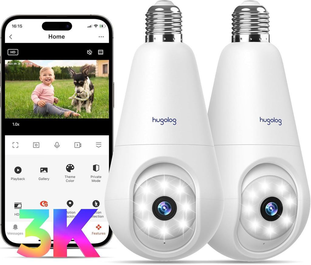 Hugolog 3K 5MP Light Bulb Security Cameras Wireless Outdoor-2.4GHz Cameras for Home Security Indoor with AI Sound Processing, Motion Detection,Color Night Vision,Auto Tracking,Siren Alarm