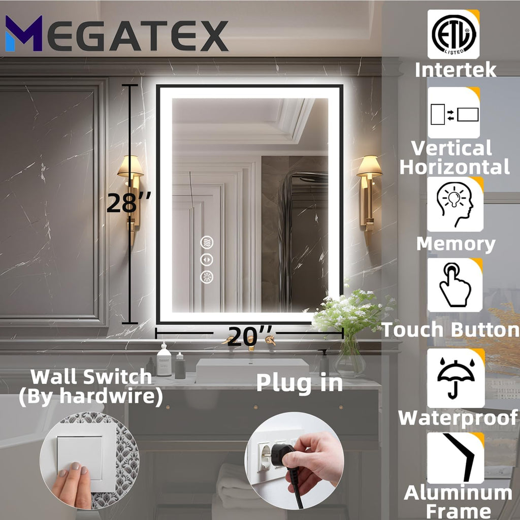20x28 Light up Bathroom Mirror,LED Vanity Mirror,Black Framed,Backlit + Front Lit,3 Colors Dimmable,Anti-Fog,Shatter-Proof,Touch Control,Anti-Corrosion,Memory(Horizontal/Vertical)