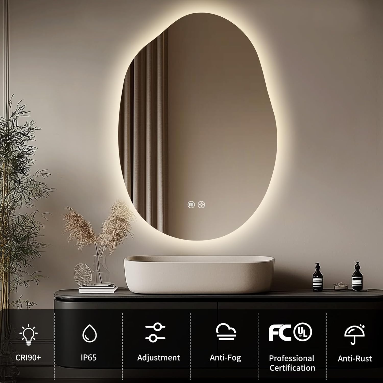 LED Light Bathroom Mirror 22x32, Stepless Dimmable Irregular Backlit Mirror with 3 Colors, Anti-Fog, Memory, Al-Alloy Lampshade, Frameless Makeup Mirror for Bathroom (Horizontal/Vertical)