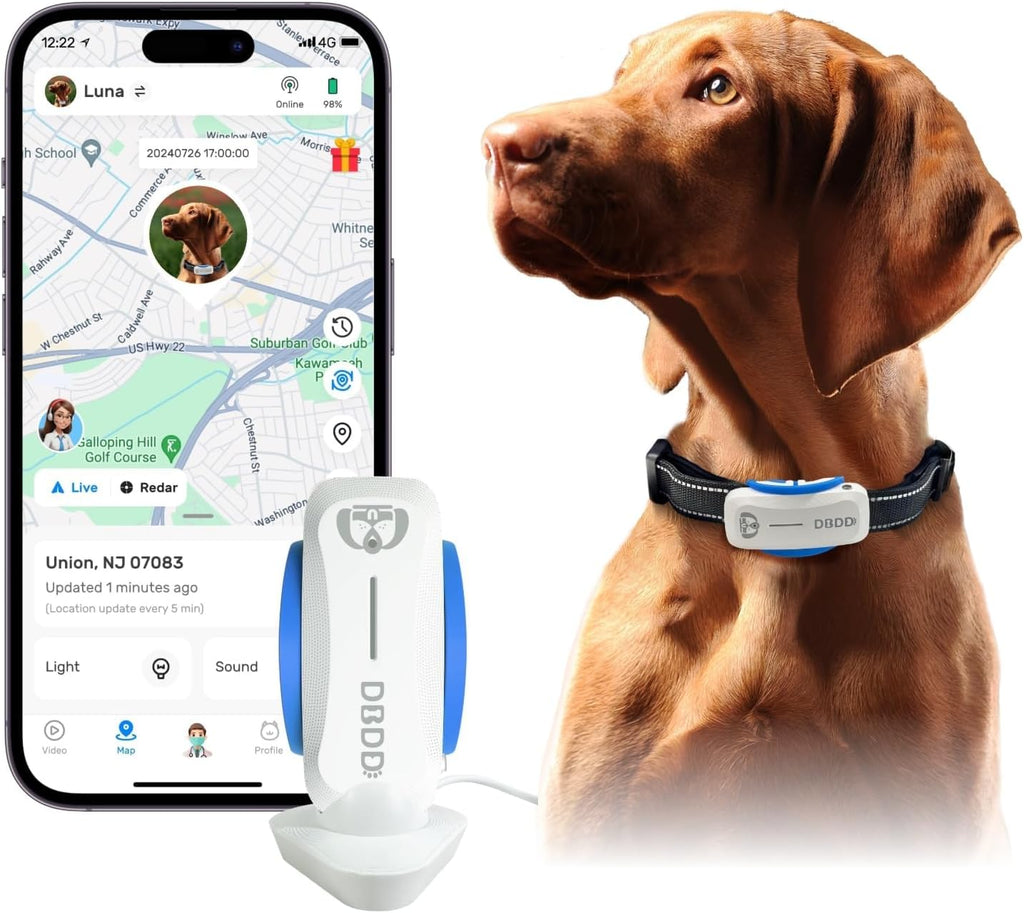 Dog GPS Tracker, Smart Waterproof Tracker with Real-Time Location, Escape Alerts, Activity Monitor, iOS & Android Compatible, for Dogs 40 lbs+ (White)