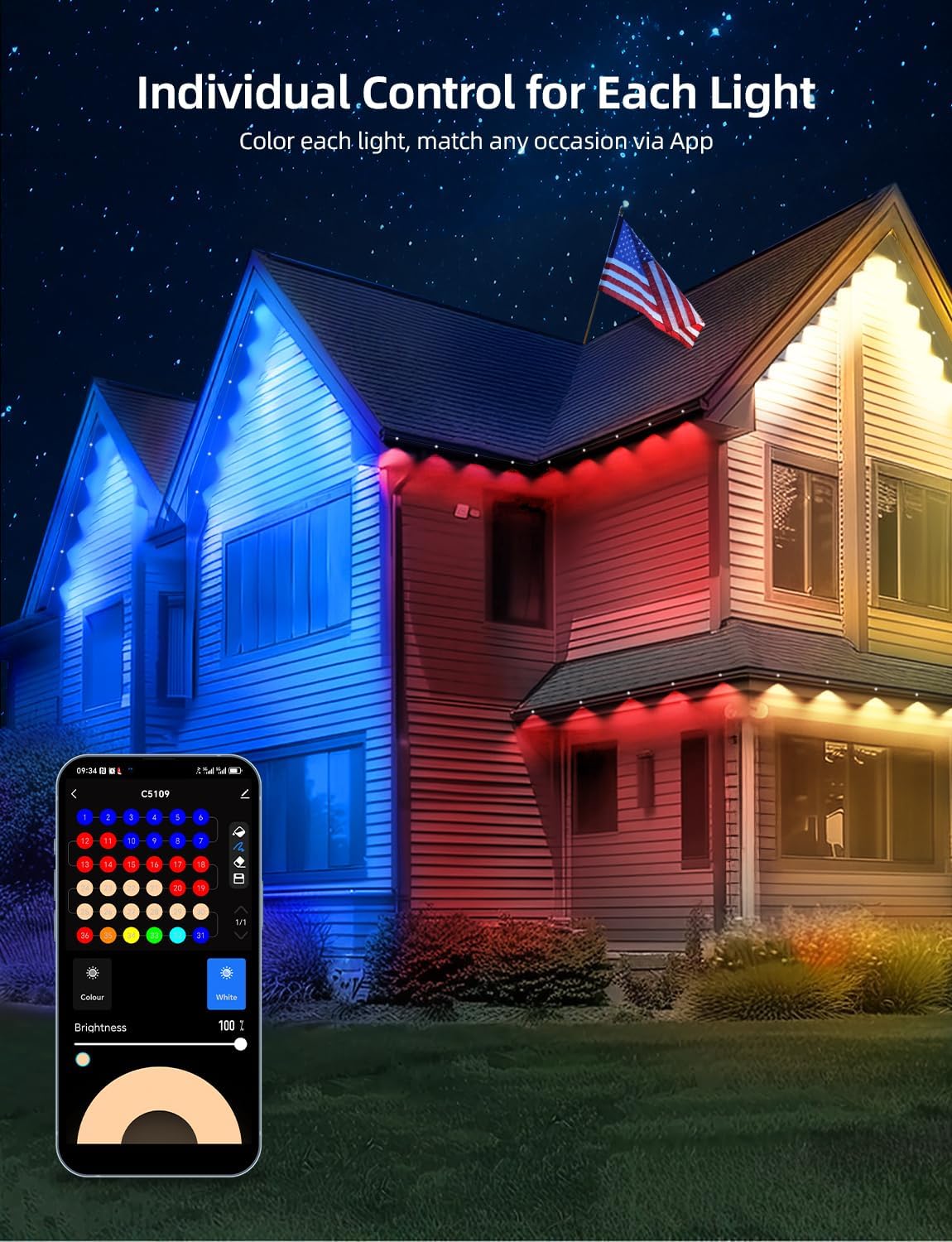 APPECK Permanent Outdoor Lights 50ft with 36 RGBW LEDs, DIY Scene Modes, LED Eaves Lights Waterproof with App Control, for Daily Holiday House Decorations, Voice/Remote Control, Black